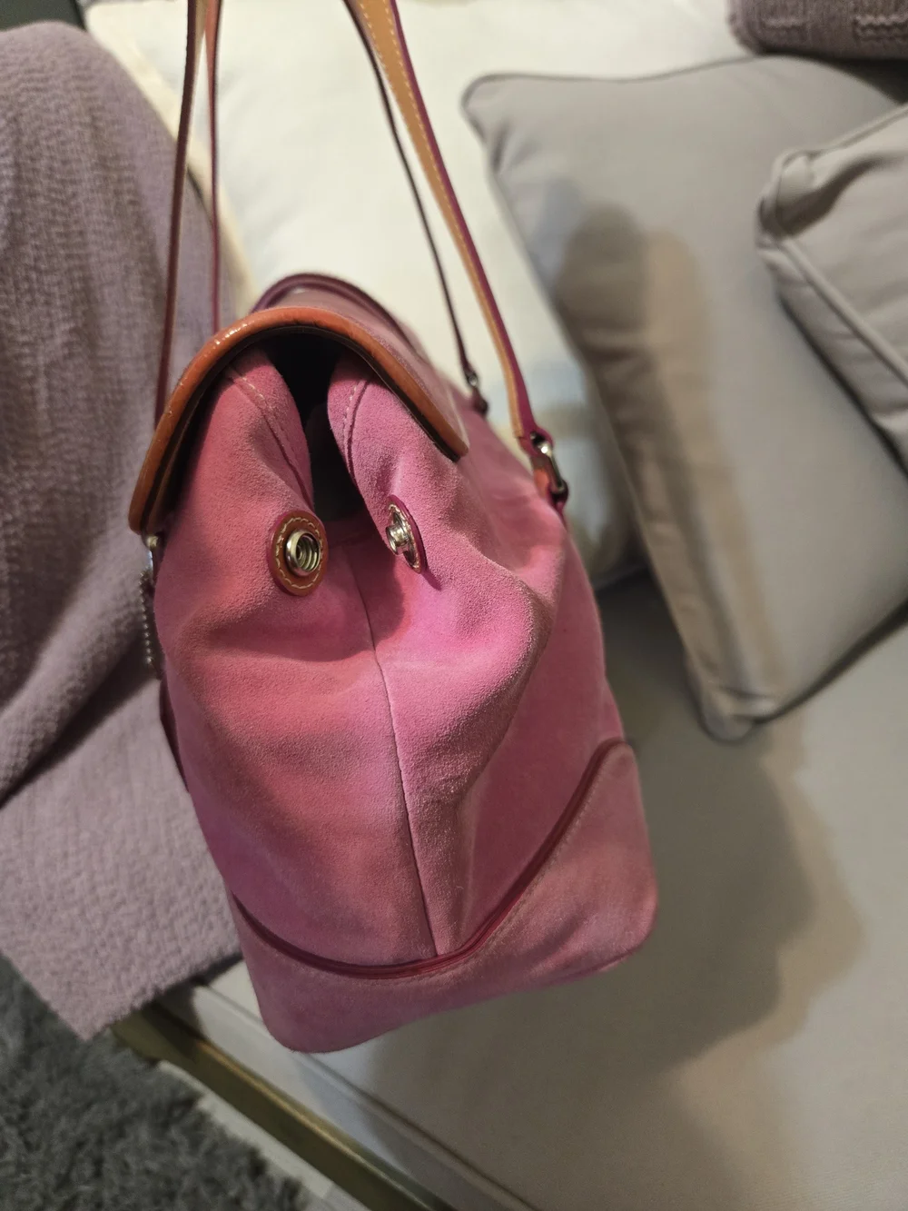 Coach Pink Suede Shoulder Bag with Tan Leather Trim - Picture 6 of 10